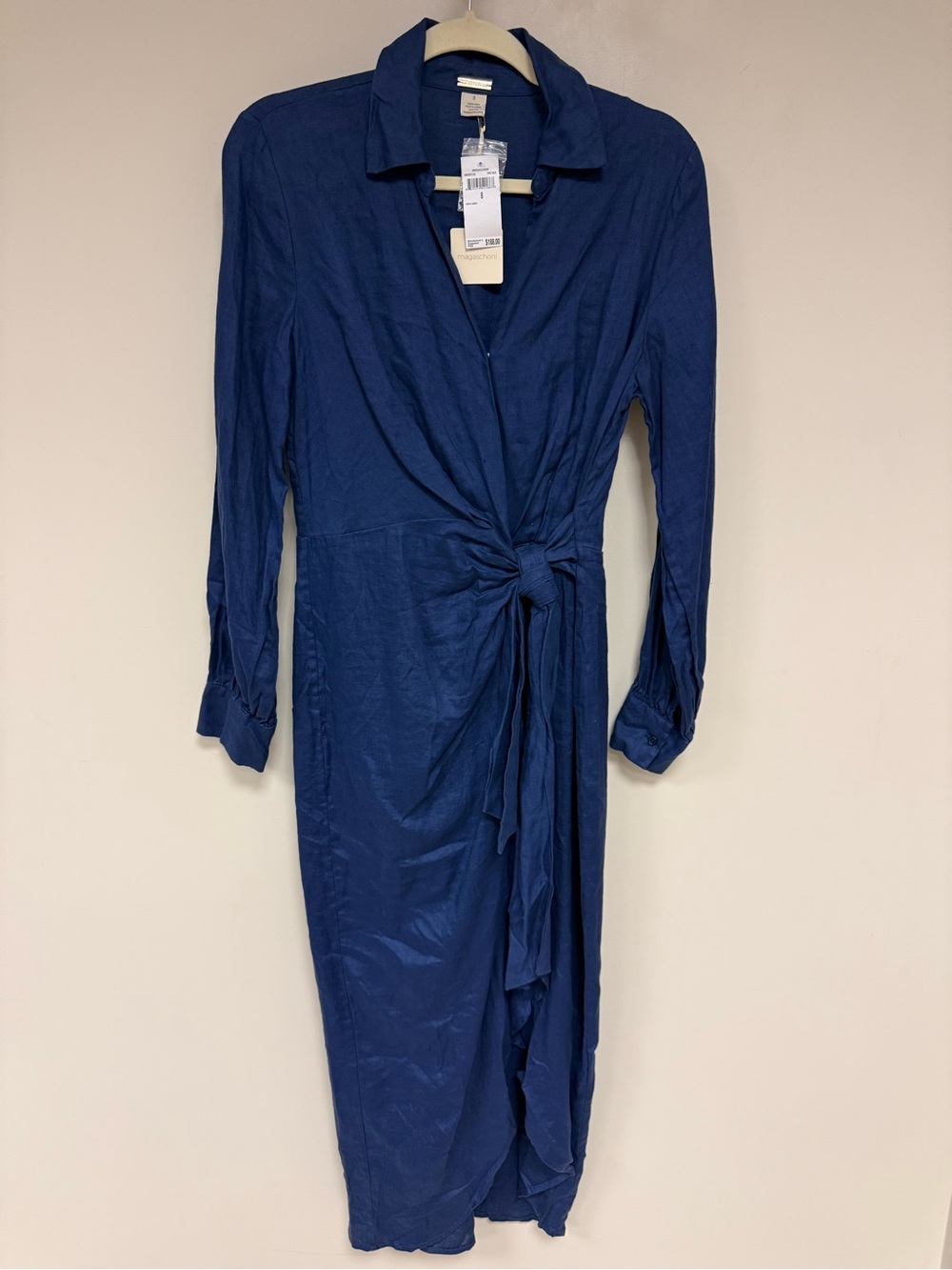 Magaschoni Navy Blue Long-Sleeve Wrap Shirt Dress size 8 medium Linen NEW